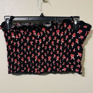 Black Tube Top Cropped Smocked Red Mushroom Print Y2K Whimsy Goth Fairy Size M/L